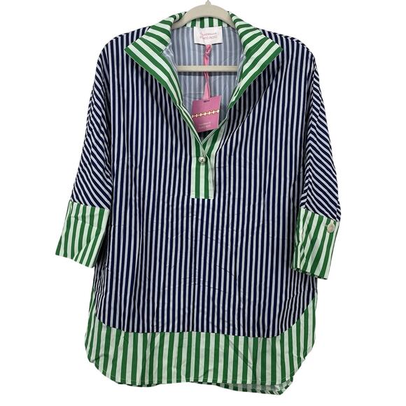 Tuckernuck Atlantic Pacific Size M Willow Blouse Blue Green Stripe Popover Top - Picture 1 of 7